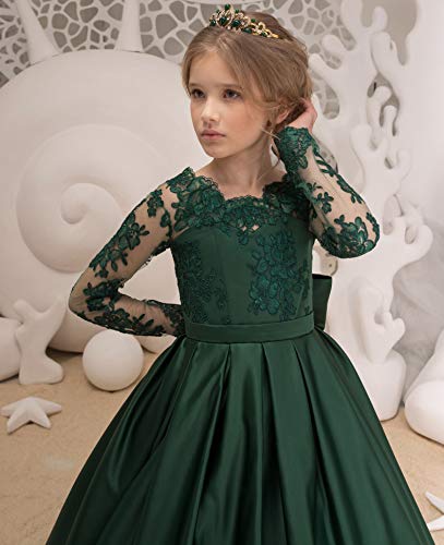 Junguan Girls' Long Sleeves Pageant Dresses Lace Aline Princess Prom Dress Formal Ball Gowns with Pockets TF0063