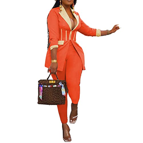 Women 2 Piece Outfits Suits Set Long Sleeve Blazer Jacket High Waisted Pants Jumpsuit For Business Work Orange 2X #TOP28