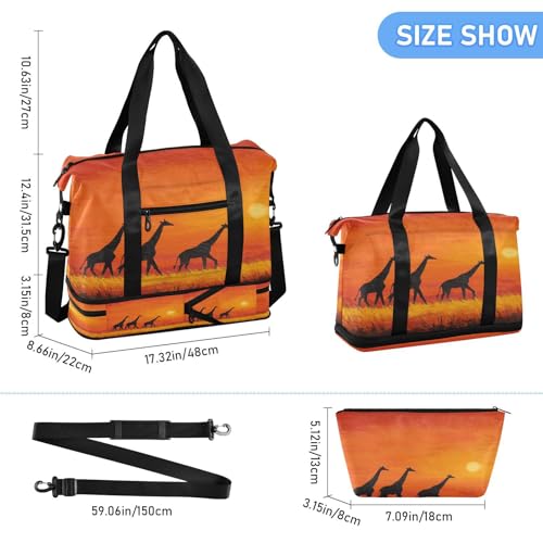 Sunset Orange Giraffe Travel Duffel Bag for Women Men Gym Bag with Shoe Compartment Wet Pocket Carry On Weekender Overnight Bags for Travel Weekend Getaway3