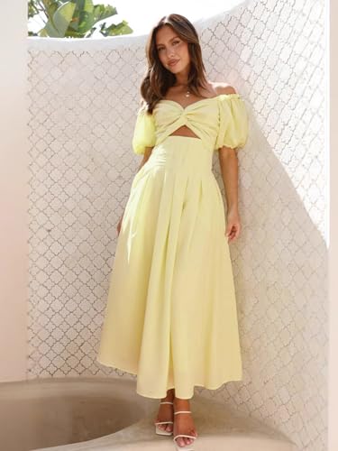 Women's Summer Off The Shoulder Dresses Puff Sleeve Twist Front Cut Out A-Line Dress Casual Maxi Dress with Pockets3
