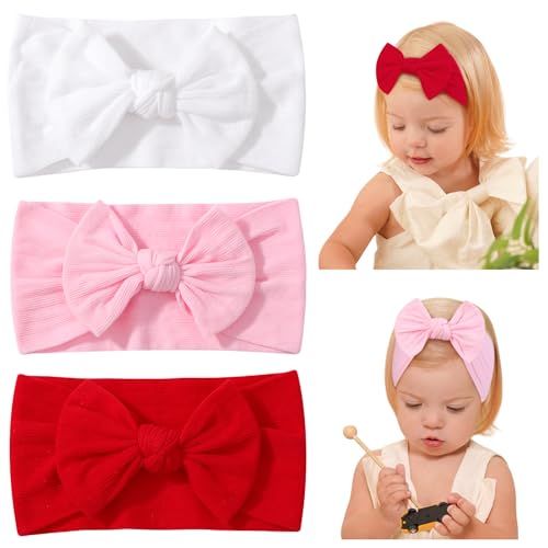jollybows 3PCS Baby Bows Headbands Soft Nylon Baby Girl Headbands for Newborn Infant Toddler Kids Cute Bow Wide Hairbands Hair Accessories(White+Red+Light Pink)