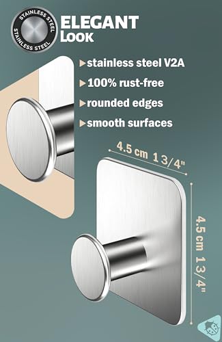 Menz 5 no-Drill self Adhesive Hooks – Stainless Steel Stick on Hooks for Heavy Duty, Sticky for Hanging Towels, Bathrobes and Keys, Rust-Free for Bathrooms