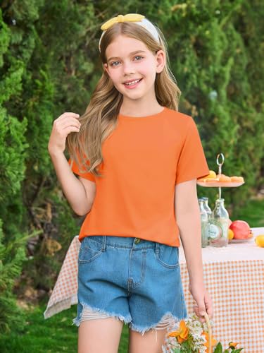 Image of Haloumoning Girls Summer Short Sleeve Shirt Kids Crewneck Curve Hem Soft Tunic Tops T-Shirts 5-14 Years