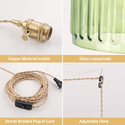 Image of Shenmoyl Plug in Pendant Light Hanging Light Fixtures with Plugin Cord On /Off Switch,Green Striped Glass Lampshade Brass Pendant Light