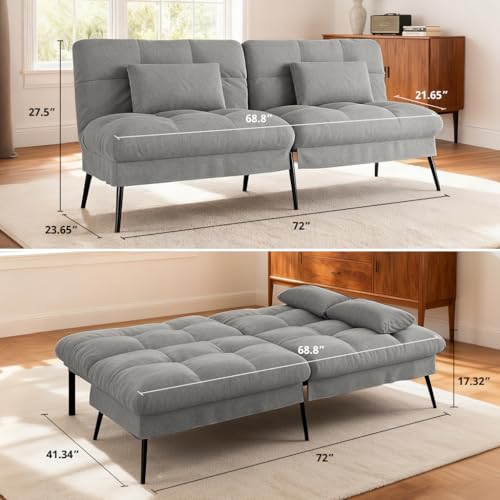 COMHOMA 72″ Futon Sofa Bed,Convertible Fabric Couch with Adjustable Backrest,Loveseat Recliner Sleeper Living Room Furniture futon Set (Grey) - Image 3