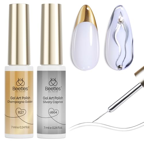 Image of Beetles Gel Liner Nail Polish Set Metallic Silver Gold 2pcs Gel Nail Polish Art Chrome 3D High-Gloss Effect for Nail Paint Design with Thin Brush DIY French Manicure Gifts for Women