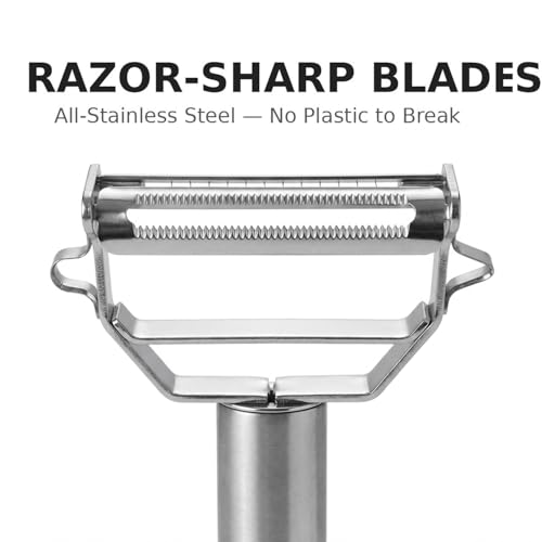 Image of CLOUDVALLEY 3-in-1 Stainless Steel Vegetable Peeler with Cleaning Brush - Ultra Sharp Julienne Peeler, Slicer, Grater & Fruit Peeler, Rust-Proof Kitchen Cutter for Potato, Carrot, Cucumber