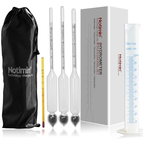 Notimin Alcoomètre Pèse-Alcool – Set de 3 Hydromètres 0-40 40-70 70-100 Vol% + Thermomètre + Cylindre de Mesure pour Mesurer la Teneur en Alcool du...