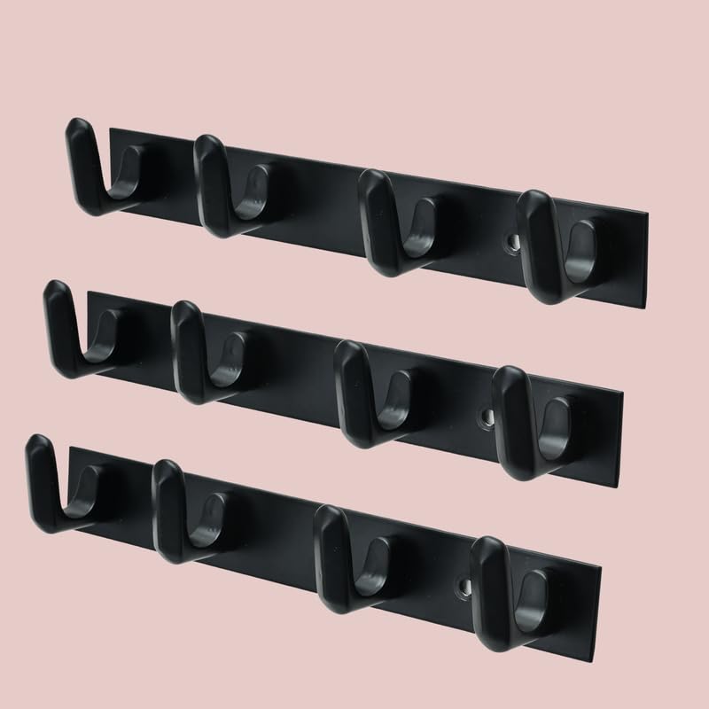 L- Shape 4 Pin Bathroom Cloth Hooks Hanger Wall Bedroom Bathroom Robe Hooks Rail for Hanging Keys,Clothes (Black- Set-3)