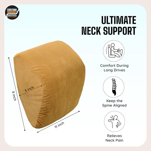 Image of CareFoam Ultimate Memory Foam Car Neck Rest Pillow, Comfortable Rides, Superior Neck Support Cushion, Relieves Neck Pain, Tan Velvet Cover | 14 x11 x5 Inch | Small Pack of 2