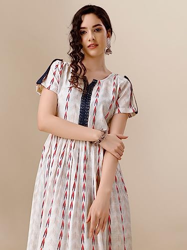 Image of EthnicJunction Women's Pure Cotton Self Weaving A-Line Kurta & Pant Set