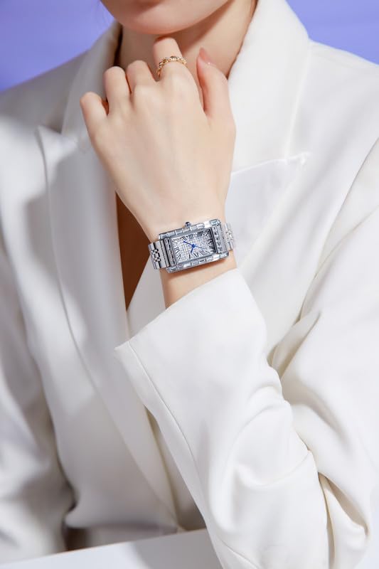 Image of Giordano Analog Quartz Watch for Women with Rectangular Dial, Crystal Studded Bezel, Roman Indices and Sparkling Dial, Leather & Stainless Steel Strap - GZ-60119
