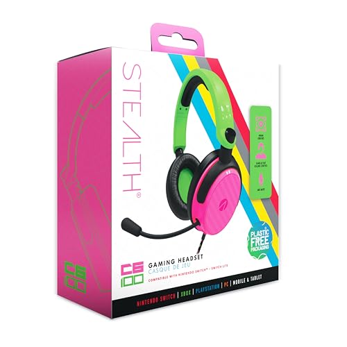 STEALTH C6-100 Neon Pink & Green Over Ear Gaming Headset PS4/PS5, XBOX, Switch, PC with Flexible Mic, 3.5mm Jack, 1.5m Cable, Lightweight, Comfortable and Durable