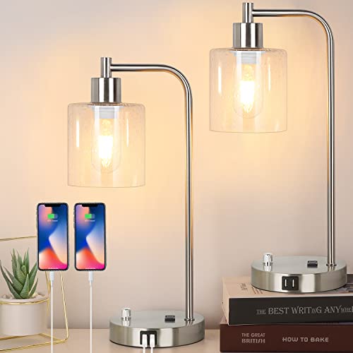 ã€Upgradedã€‘Set of 2 Industrial Table Lamps with 2 USB Port & AC Outlet, Fully Stepless Dimmable Lamps for Bedroom,Bedside Nightstand Desk Lamps with Glass Shade for Living Room 2 LED Bulb Included