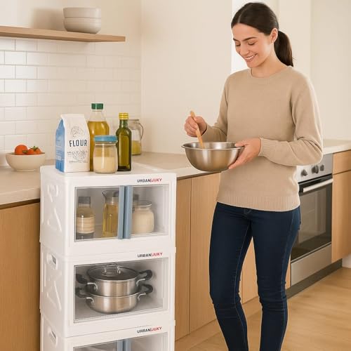 Image of URBAN LUXY Foldable Plastic Rack for Storage /Kitchen Cupboard /Sturdy Wardrobe for Clothes /Multipurpose Storage Organizer /Closet for Bedroom /Living Room /Laundry Room (White-Storage BIN - 2DOOR, 6PCS)