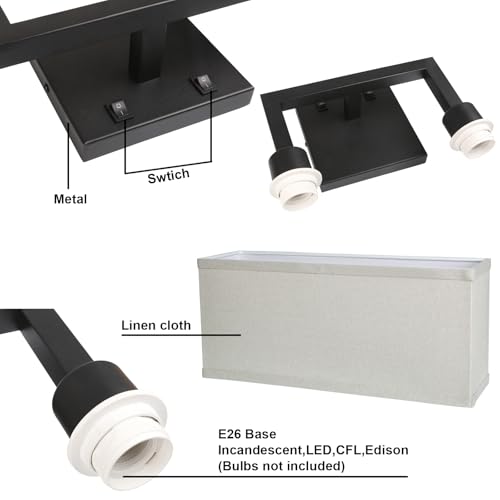 Image of Yosoan Linen Fabric Boho Wall Sconce Bedside Light with On Off Switch, 2-Light Finished Hardwired Vintage Industrial Dual Wall Mount Lamp Lighting Square Shade for Bedroom Living Room Stairwell(Black)