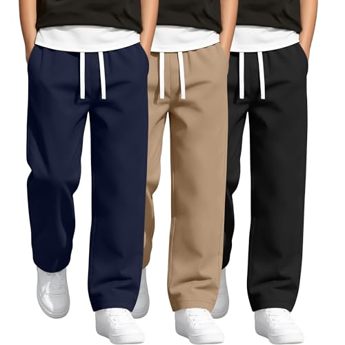 Oakgarden 3 Pack Boys' School Uniform Pants Cotton Straight Leg Trousers Casual Drawstring Pants with Pockets Size 6-16 Years(10-11 Years,Navy Blue, Khaki, Black)