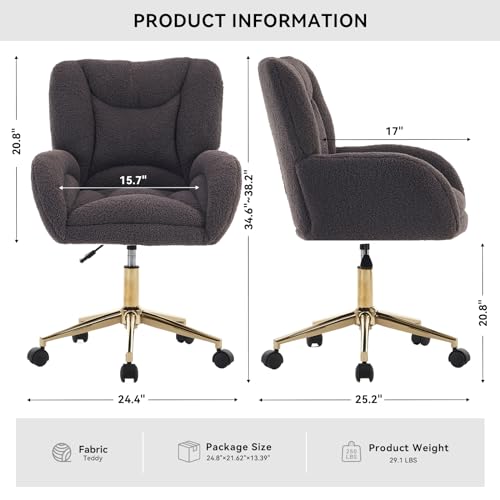 Image of FOXHUNTER Vanity Chair with Ergonomic Back & Wheels, 360 Swivel Accent Chair, Adjustable Height Home Office Chair for Living Room, Bedroom (Teddy, Dark Gray)