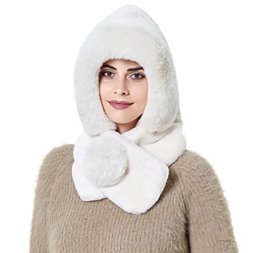 Campsis Winter Faux Fur Hooded Scarf Hat Wool Furry Hat with Scarf 2 in 1 Thick Plush Scarf with Hat Skiing Cycling