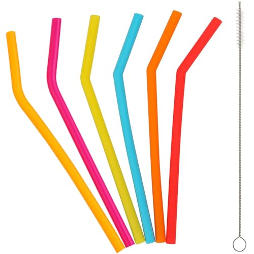 Reusable Silicone Straws 6 PCS Reusable Bent Silicone Straws Drinking Straw with Cleaning Brush for Smoothie Milkshake Cocktail Coffee Juice Milk Boba Smoothies Tea Thick Drinks 6 Colors