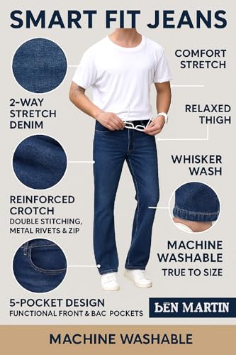 Image of Ben Martin Men's Smart Fit Stretchable Jeans || Mid-Rise Denim Pants with Whisker Wash || Premium Casual Wear Jean for Men || 5 Pocket Jean's for Men's (1)