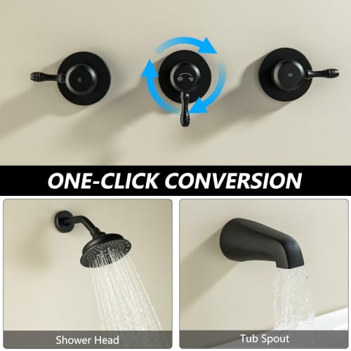 Juego de grifería para bañera y ducha de 3 manijas, negro mate, con grifo para bañera y válvula central de 8 pulgadas, 3 perillas, rociador manual ABS de 5 modos y cabezal de ducha, núcleo de válvula extendido de acero inoxidable de 5,7 pulgadas miniatura 6