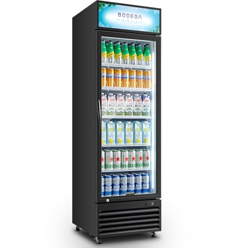 BODEGACOOLER Commercial Merchandiser Refrigerator, 15.5Cu. Ft Glass Door Upright Display Fridge, Beverage Refrigerator Cooler with LED Light, 4 Strong Castors for Stores, Restaurant, Office(Black)