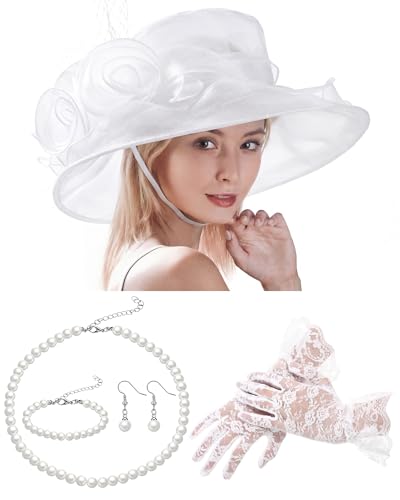 Croknit Women Derby Hat Set 2026 Organza Derby Fascinator Hat with Lace Gloves Pearl Jewelry for Church Tea Party Wedding(White)