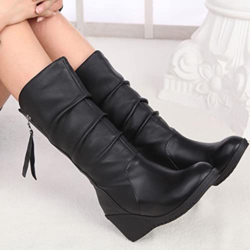 Hbeylia High Heels Boots For Women Ladies Fashion Casual Ruched Leather Round Toe Chunky Dress Pump Mid Calf Boots With Side Zipper Slouchy Motorcycle Riding Long Boots Winter Fall Dressy Tall Boot4