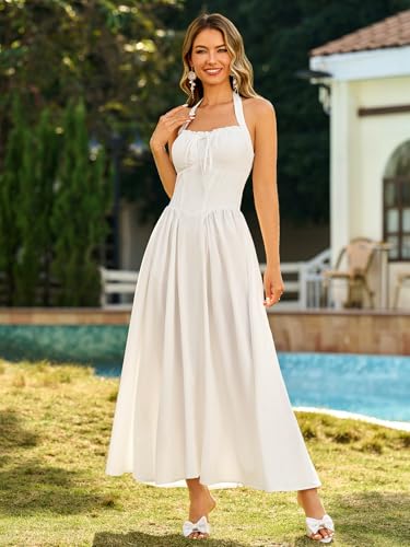 Image of KUTUMAI Summer Floral Corset Midi Dress Halter Smocked Sundress Flowy A Line Beach Wedding Guest Dresses for Women 2025