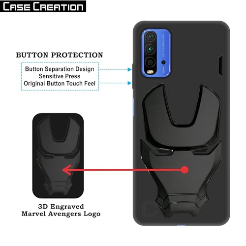 Image of COVERLY Official 3D Touch Feel Trending Avengers Logo Mask Soft Rugged Grip Iron Man Super Power Cartoon Movie Engraved Silicone Matte Back Cover for Xiaomi Redmi 9 Power 2019- Black