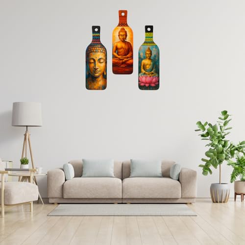 Image of Giftoday Meditating Gautam Buddha Wooden Wall Hanging for Home Kitchen Decor | Decoration Items for Livingroom | Modern Artwork Item for Office, Hallway | Decorative Mdf Wall Hanger Artwork (Set of 3)