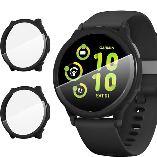 Suoman 2 Pack for Garmin vivoactive 5 Smartwatch Case, 9H Tempered Glass Screen Protector+ Charger Port, All-coverage PC Protective Cover Bumper (Black+Black)