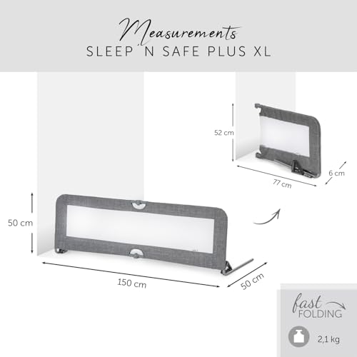 hauck Bettschuztgitter Sleep N Safe Plus XL für Kinder 18 Monate bis 5 Jahre, Großer Rausfallschutz Bett für Elternbett 150 x 50 x 44 cm, Faltbar, Tragbar, Bettgitter für Kleinkinder (Melange Grey)