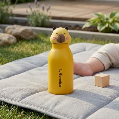 Image of JOUET Kids Stainless Steel Water Bottle 450ml with Yellow Capybara Character Lid, Leakproof Straw Bottle for School, Travel & Daily Use