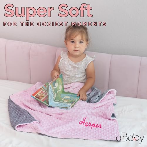 aBaby Personalized Baby Blanket for Girls, Newborn Soft Custom Baby Blanket with Name - 30\" by 40\" Minky Baby Blankets for Personalized Baby Gifts (Pink/Grey)