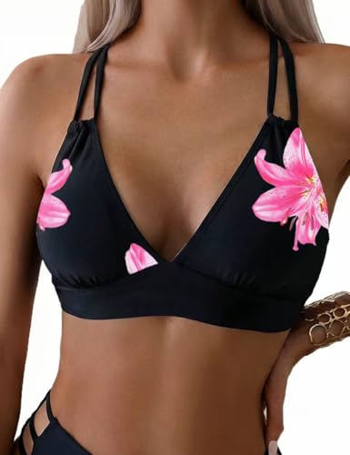 Tainehs Women's Push Up V Neck Bikini Tops Criss Cross Back Padded Bathing Suit Top Only