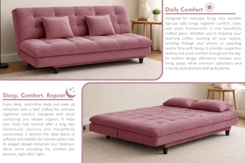 Image of Velvet Fabric Wooden 3-Seater Apsen Sofa Bed with Tufted Couch with Adjustable Backrest- Living Room Furniture-Rose Pink-Color