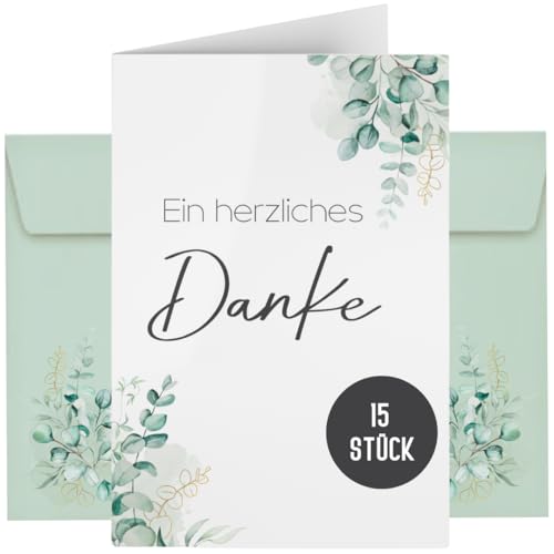 15 Dankeskarten inkl. Umschläge für Hochzeit Standesamt Geburtstag Baby Kommunion Jugendweihe Taufe | Karte Danke | Klappkarte DIN A6 (Eucalyptus)