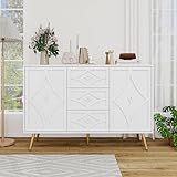 mixtavie 2-Door and 3-Drawer White Buffet Cabinet with Storage, Coffee Bar with Diamond-Shaped Carving, Credenzas TV Stand for Living Room, Dining Room, Bathroom, Office, White