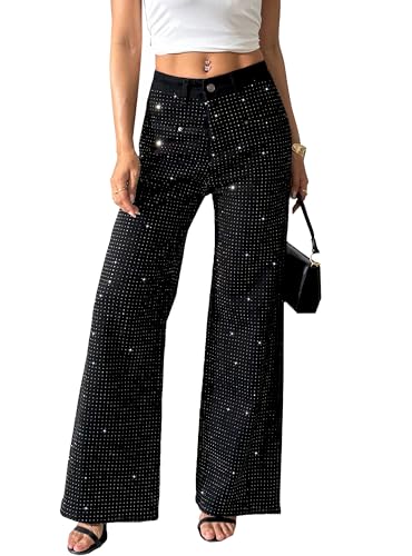 heipeiwa Women's Rhinestone Jeans Wide Leg Flare Denim Pants
