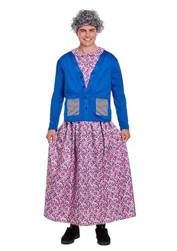 HENBRANDT Naughty Grandma Fancy Dress Costume - Hilarious Granny Pink Floral Dress & Blue Cardigan One Size Adult Outfit for Birthday Parties Retirement Celebrations Stag Nights Halloween