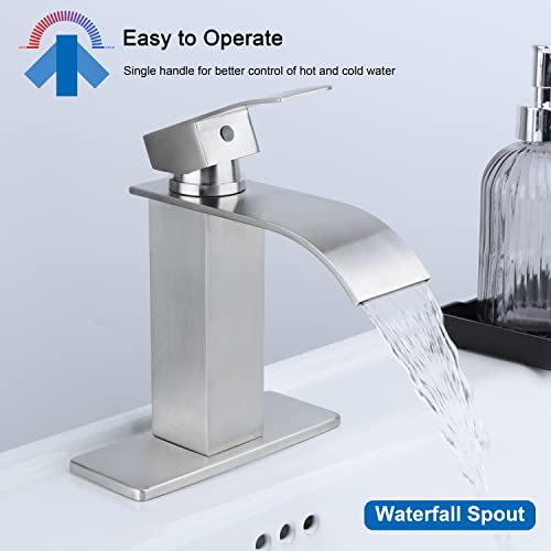 Homikit Waterfall Bathroom Sink Faucet With Pop Up Drain, Brushed Nickel Bathroom Faucet For Sink 1 Or 3 Hole, 18/10 Stainless Steel Bath Vanity Faucet Single Handle, Farmhouse Vessel Faucet With Deck #TOP5