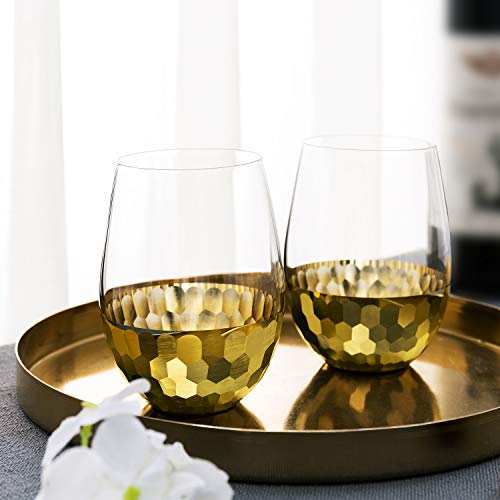 Mygift Modern Wine Glasses Stemless Set Of 4 With Hammered Brass Metal Bottoms, Mimosa Glasses, Cocktail Glasses, Bridesmaid Toasting Glasses #TOP1