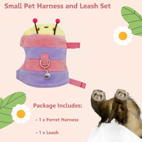Image of Ferret Harness and Leash Set - Small Animal Soft Fleece Vest with Safe Bell Halloween Outfit Adjustable Traction Rope Outdoor Walking Training Leash for Ferret Rat Bearded Dragon Kitten (Pink)
