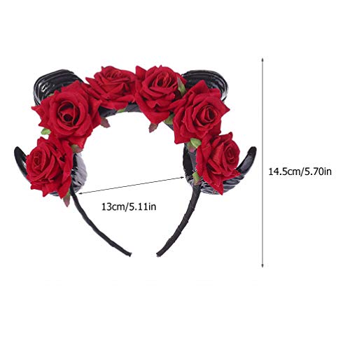 FRCOLOR Horn Flower Headband Headpiece,Rose Flower Hair Hoop Headband Mexican Floral Black Halloween for Women,Girls(Red) - Image 2