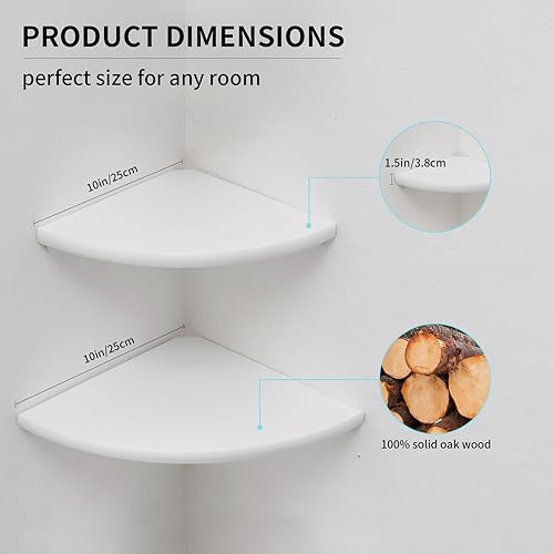 White Corner Shelf, Wall Mount 7inch Natural Oak Wood Floating Corner Wall Shelf Round End Small Corner Nightstand Plant Shelf for Bedroom, Kitchen, Living Room Set of 2…