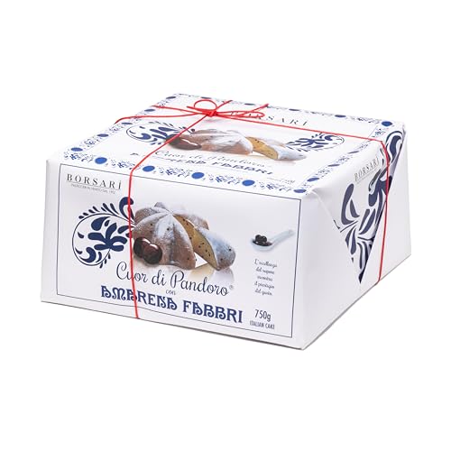 Amarena Fabbri Cherries, Pandoro with candied cherries inside, Italian holiday Cake by Borsari, Hand-Wrapped in white box, Made in Italy, 1.65 pound