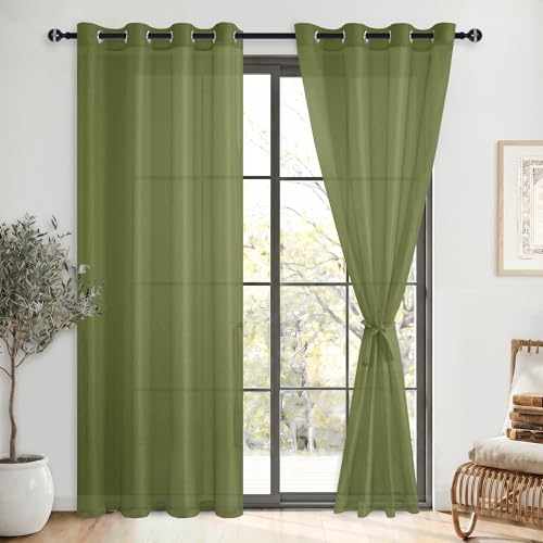 DWCN Lot de 2 Rideaux Voilages à Oeillets pour Fenêtre, Rideau Transparents avec Embrasses pour Salon Chambre d'enfant, Vert Olive, 140x225cm (Largeur x...
