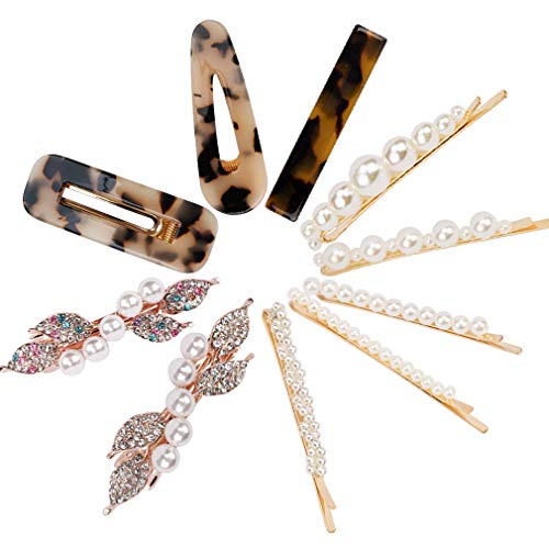 SuPoo 10 PCS Pearl Hair Clips Leopard Print Acrylic Resin Hair Barrettes Fashion Geometric Crystal Rhinestone Alligator Hair Clip Decorative Hairpins Bobby Pins Hair Accessories for Women